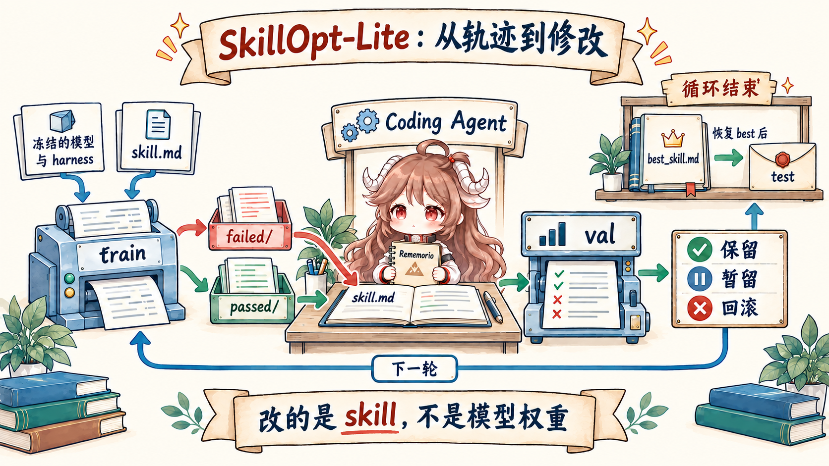 冻结的模型与 harness 使用 skill.md 执行 train，轨迹写入 failed 和 passed 文件，Coding Agent 修改 skill 后经过 val 的 accept、flat、reject 分支，最后恢复 best 并一次性运行 test