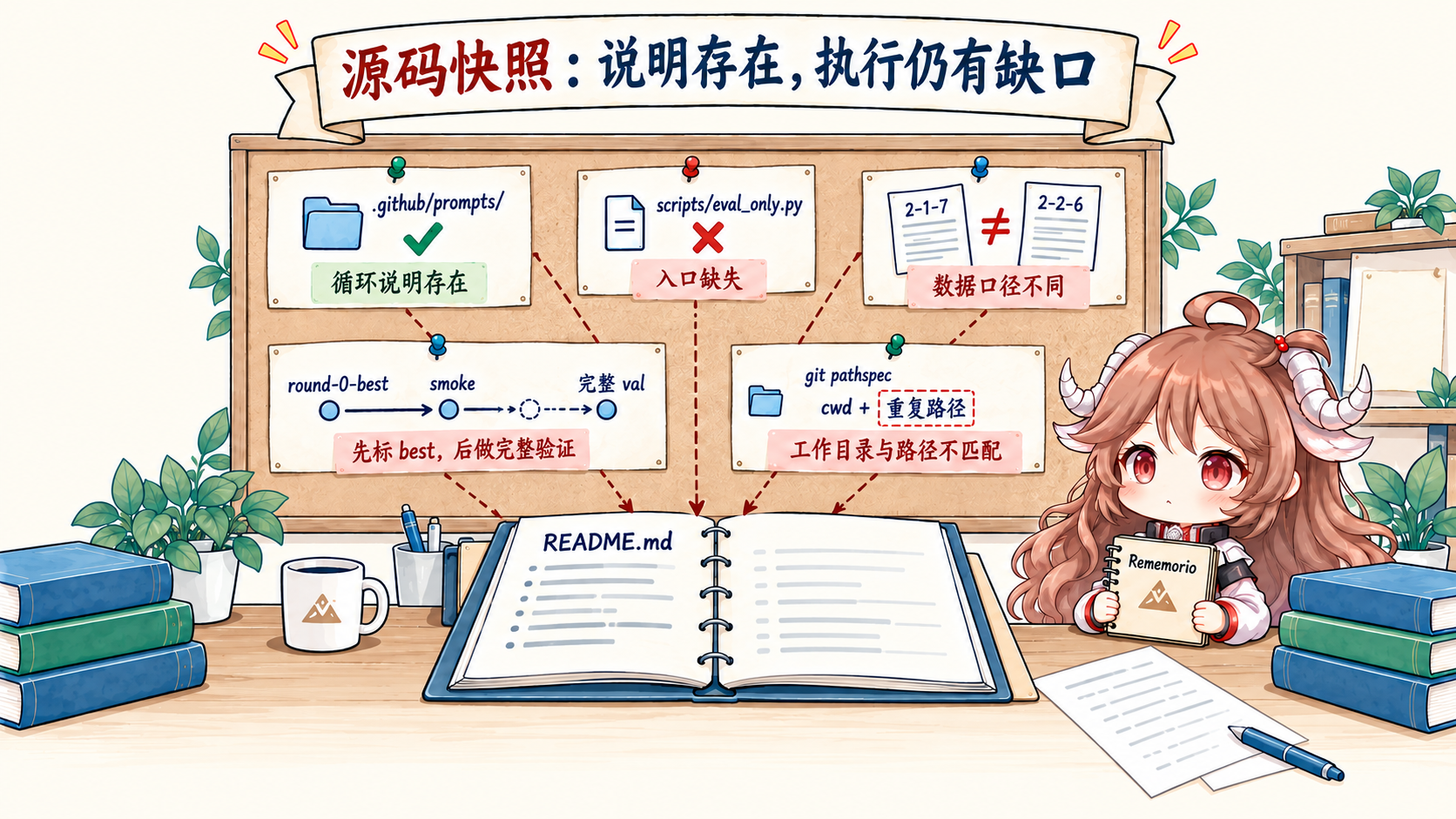 本文源码快照的五项核查：循环说明存在，scripts/eval_only.py 缺失，LiveMath 的 2-1-7 与 2-2-6 口径不一致，round-0-best 先于完整 val，HarnessOpt 的工作目录与 pathspec 不匹配