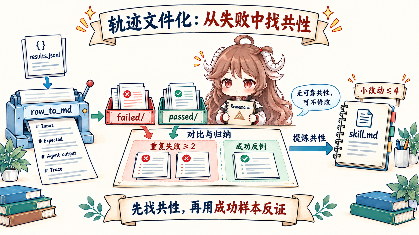 results.jsonl 经 row_to_md 拆成逐任务 Markdown,分别进入 failed 和 passed 目录;Coding Agent 比较至少两个重复失败和成功反例后,只对 skill.md 应用不超过四处小改动