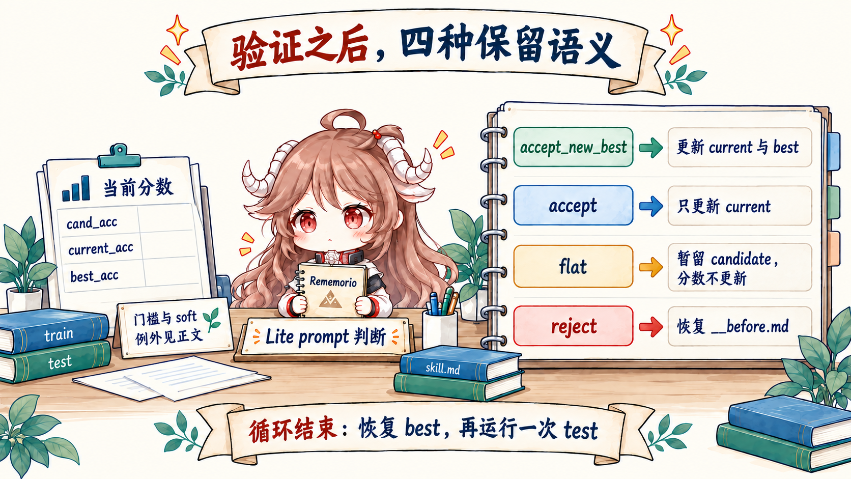 cand_acc 进入 val gate 后分为 accept_new_best、accept、flat 与 reject；只有新最佳同时更新 current_acc 和 best_acc，accept 只更新 current，flat 保留 skill 但不更新分数，reject 从 before 快照恢复，最终 best 快照恢复后才运行 test